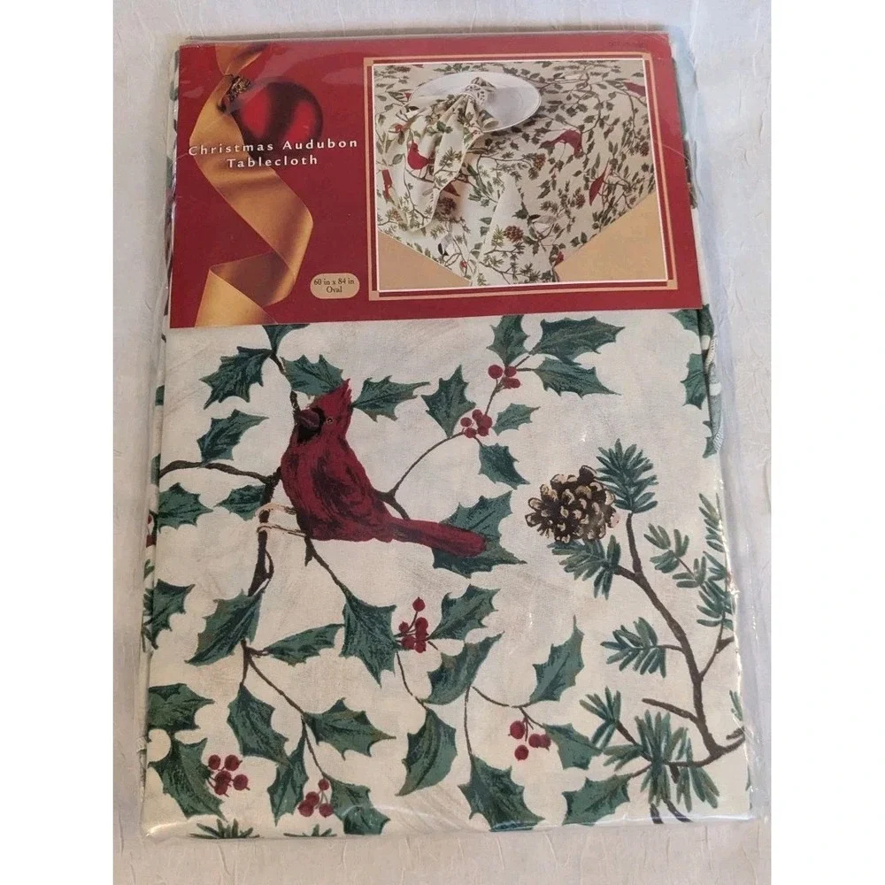 NOS Tablecloth Christmas 90s Cardinals Oval Audubon Cotton 60x84 Fabric Festive